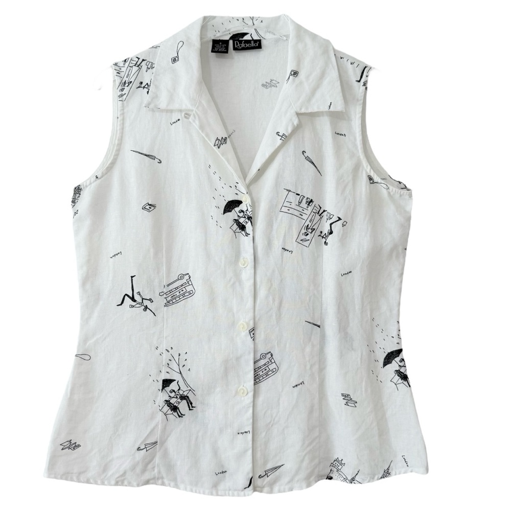 100% Linen White Collared Button-down Top with Artistic Sketch Print Size 8